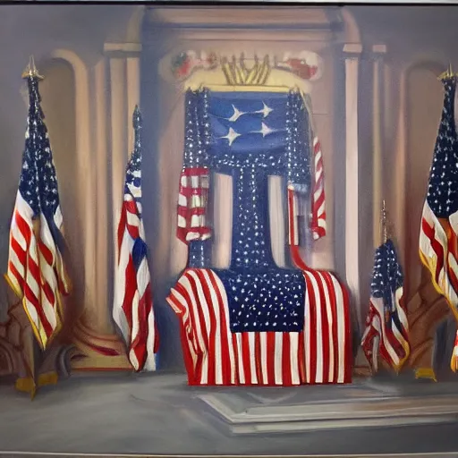 Prompt: oil on canvas drawing of the united states throne room, patriotic, 4th of july, god bless america, empty, dramatic, dazzling