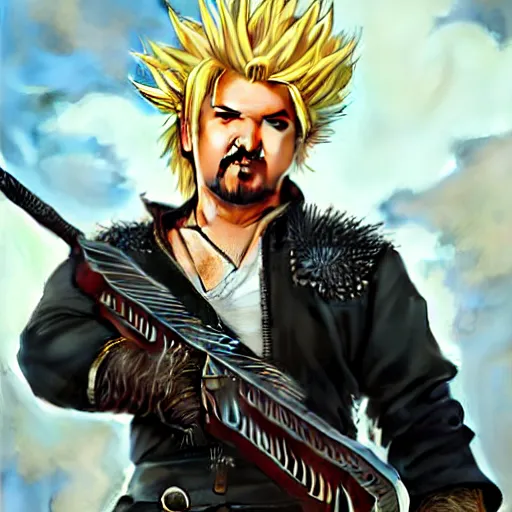 Prompt: Guy Fieri as Cloud Strife, western, D&D, fantasy, intricate, elegant, highly detailed, digital painting, artstation, concept art, matte, sharp focus, illustration, art by Artgerm and Greg Rutkowski and Alphonse Mucha