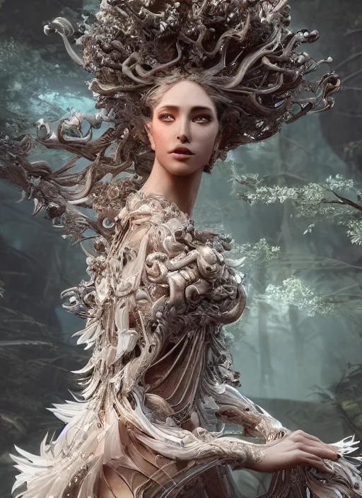 Image similar to beauteous practical sumptuous biomechanical with incredible hair, crystalline masterpiece incrustations, hyperdetailed face, elegant pose, movie still, intricate, octane render, cinematic forest lighting, cgsociety, unreal engine, crepuscular rays, god rays