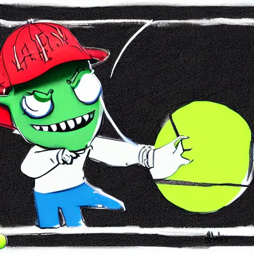 Image similar to a eminem,marshal mathers, slim shady tennis ball monster, tennis ball, lightning, chalk, digital art, fantasy, magic, trending on artstation, ultra detailed, professional illustration by Basil Gogos