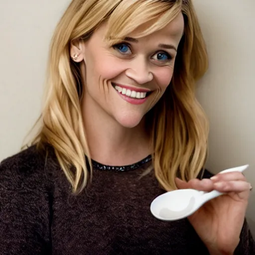 Image similar to reese witherspoon, holding a spoon, photography, smiling, portrait, soft focus