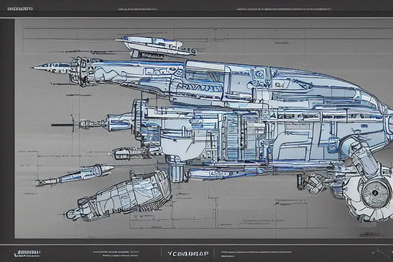 Prompt: schematic blueprint of a mechnoid yokai, photograph!!!, wide angle, drafting board, photorealism, highly detailed, elaborate, octane render,