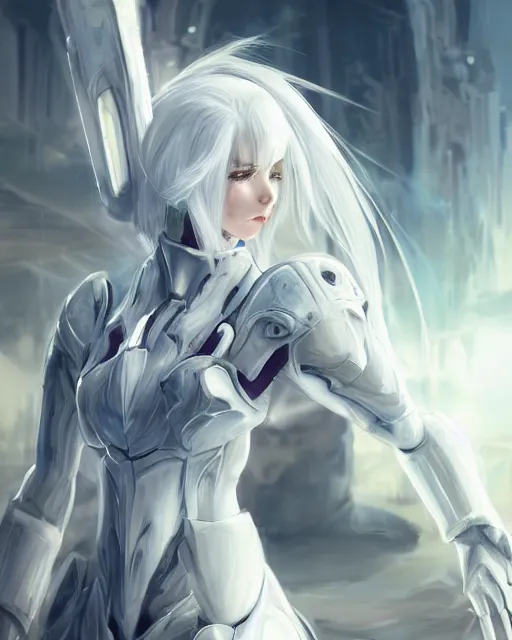 Prompt: perfect white haired girl, warframe armor, beautiful, dreamy, pretty face, blue eyes, portrait, detailed, scifi, utopian architecture in the background, laboratory, 4 k, ultra realistic, aura of light, cinematic, high detail, masterpiece, art by akihito tsukushi, akasuki brightmind