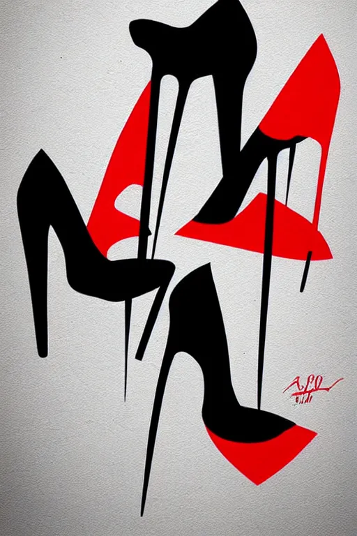 Image similar to black high heels with red bottoms, illustration, graphic design, high fashion, wall art, elegant, pop art style,