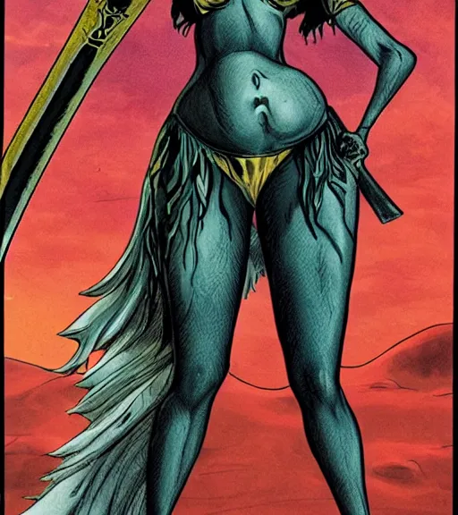 Prompt: 1 9 8 0 s fantasy novel book cover, bbw plus size amazonian elizabeth gillies in extremely tight bikini armor wielding a cartoonishly large sword, exaggerated body features, dark and smoky background, low quality print