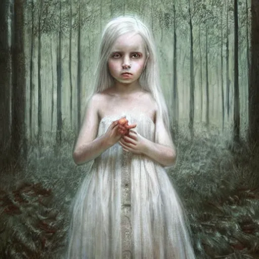 Image similar to a painting of a beautiful little girl in a white dress, white hair, bare foot, pretty symmetrical face, in the middle of a strange forest by Seb McKinnon and WLOP