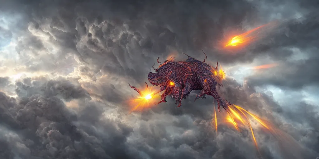 Prompt: award winning Cacodemon over a hdri sky with intricated spells and stormcloud glimpses of flares and beams airbrush tones