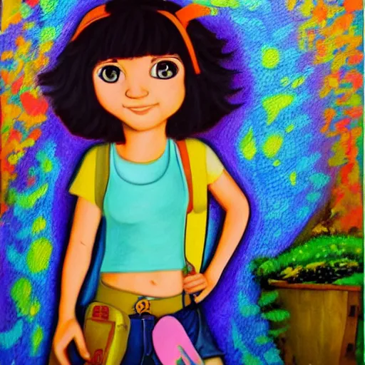 Image similar to a cross between ramona flowers and dora the explorer as a highly detailed oil paiting