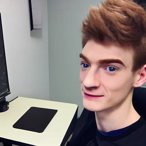 Image similar to “a realistic detailed photo of a guy who is an attractive humanoid who is half robot and half humanoid, who is a male android, twitch streamer Ninja Tyler Blevins, shiny skin, posing like a statue, blank stare, gaming room, blue hair”