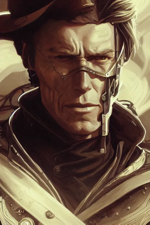 Prompt: young clint eastwood as full metal alchemist, steampunk cyborg, portrait, western, duster, fantasy, intricate, elegant, highly detailed, digital painting, artstation, concept art, sharp focus, illustration, art by artgerm and greg rutkowski and alphonse mucha