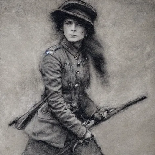 Image similar to ww 1 action heroine by alfred stevens in charcoal