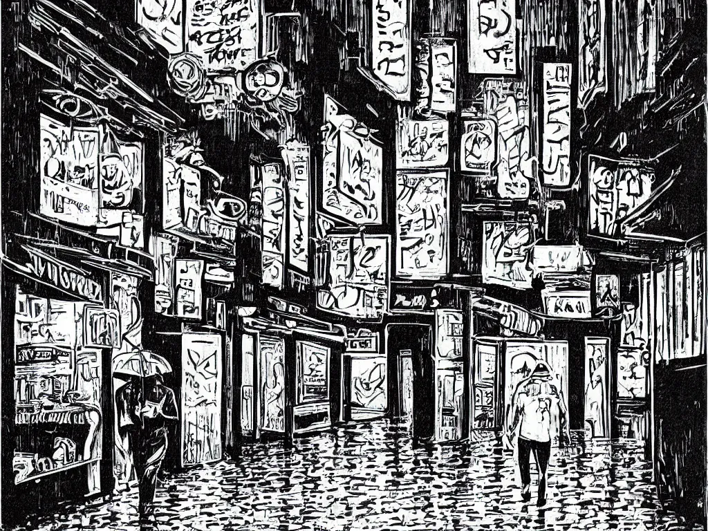 Prompt: Dim alleyway on a rainy night, lit by distant neon signs. A lone man leans against the wall. Bande dessinée art.