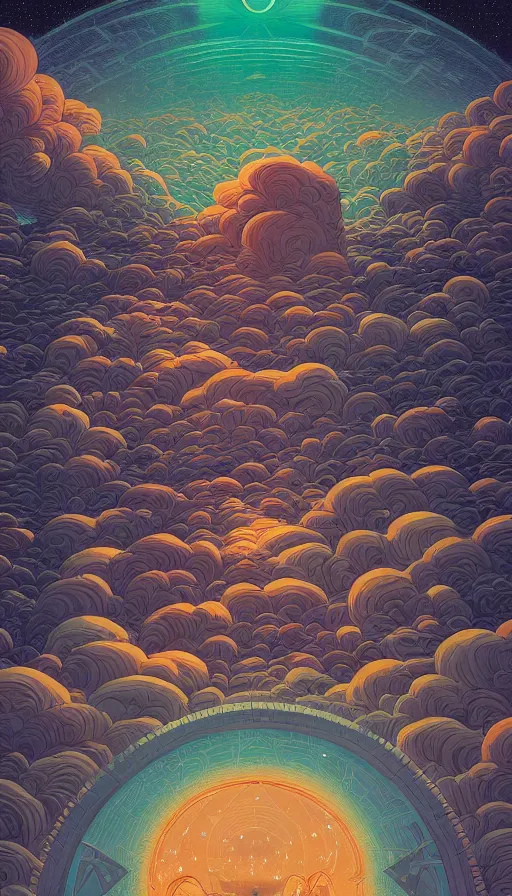 Image similar to The oracle of ancient dreaming on cosmic cloudscape, italian futurism, Dan Mumford, Victo Ngai, Kilian Eng, Josan Gonzalez