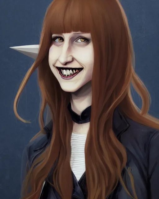 Image similar to pretty female Taissa Farmiga vampire, Jamie McKelvie comic art, Peter Mohrbacher, sharp vampire teeth, sarcastic smile showing teeth, symmetrical eyes, realistic face, symmetrical face, brown leather jacket, jeans, long black hair, full body