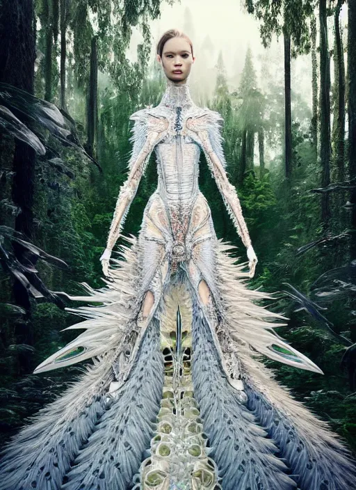 Image similar to a beautiful hyperrealistic ultradetailed 3D, one girl in a magnificent McQueen couture clothes on the background of a futuristic forest, Designer clothes, futuristic clothes, clothes from the future, biopunk, voge photo, fashion style, fullbody, in full growth, intricate, elegant, highly detailed, artstation, concept art, smooth, sharp focus, illustration, art by and greg rutkowski and orientalism and bouguereau and Zdzislaw Beksinski, good clear quality, lighting,