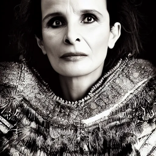 Image similar to Juliette Binoche wearing Mongolian armor, portrait, fashion photography, by Hedi Slimane