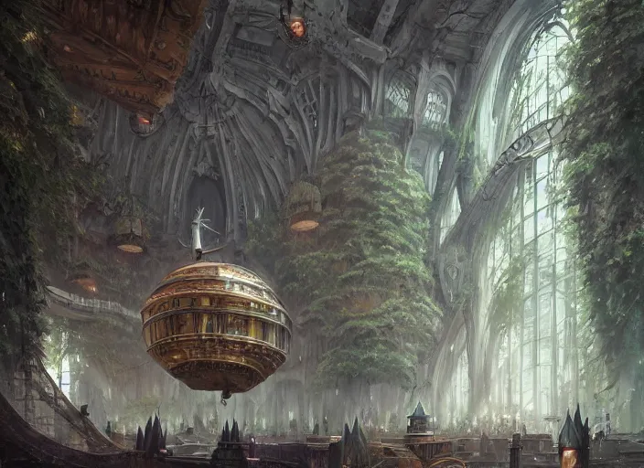 Image similar to Airship workshop inside a beautiful elven city made of white marble, anime, lush trees, fountain, a fantasy digital painting by Greg Rutkowski and James Gurney, trending on Artstation, highly detailed