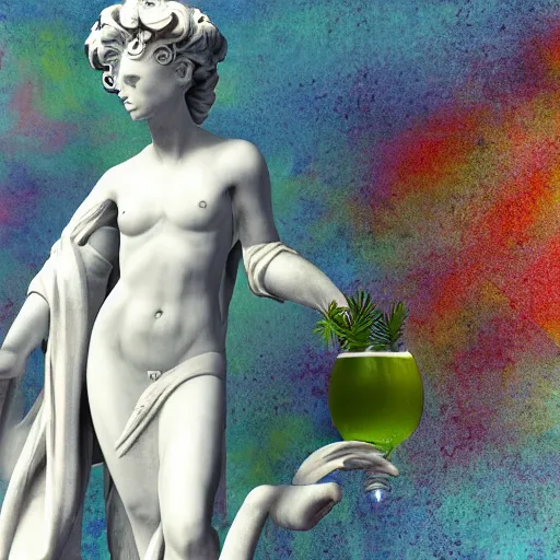 Image similar to a white reneissance statue holding a coctail, medium shot, colorful coctail, digital painting, cgi render