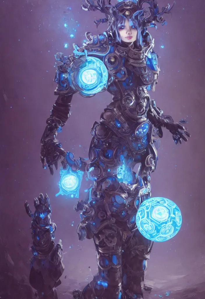 Prompt: full body picture of a blue mech armor witch, standing on a floating greed cubes with monster companions, model pose, very brightening eyes, huge magic circles on the hand, magic and fantasy, extremely beautiful and aesthetic and detailed cute face, specular reflection, occlusion shadow, intricate, masterpiece, by ilya kuvshinov and jeremy lipking and quentin mabille