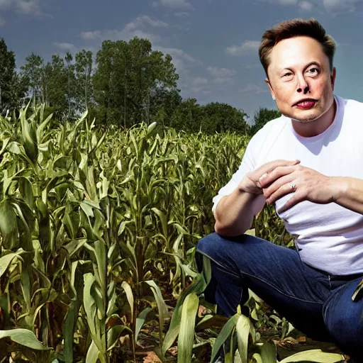 Prompt: elon musk squatting in a cornfield, high res photograph,