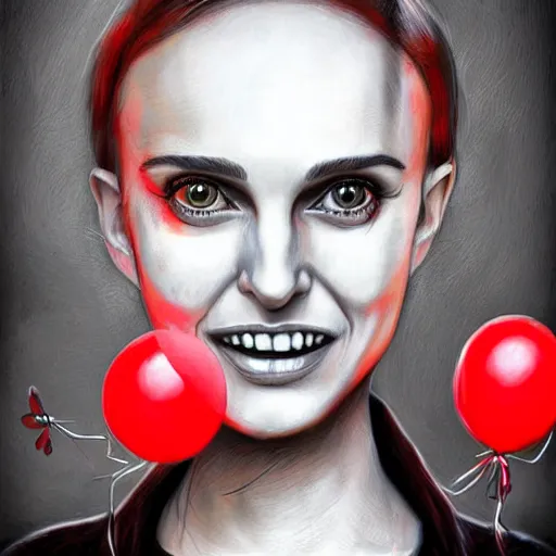 Image similar to surrealism grunge cartoon portrait sketch of natalie portman with a wide smile and a red balloon by - michael karcz, loony toons style, freddy krueger style, horror theme, detailed, elegant, intricate