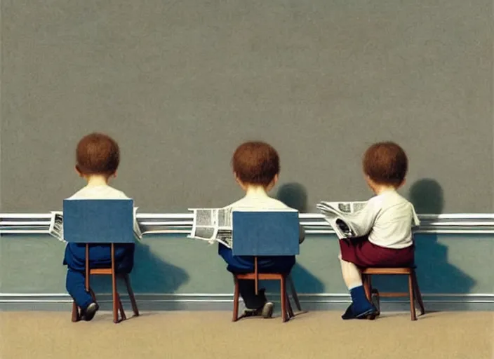 Image similar to a very boring day in school, kids wearing identical clothes reading newspapers, painting by quint buchholz and ray caesar, muted colors, gray, dull, boring, low energy, pale blue faces, very detailed