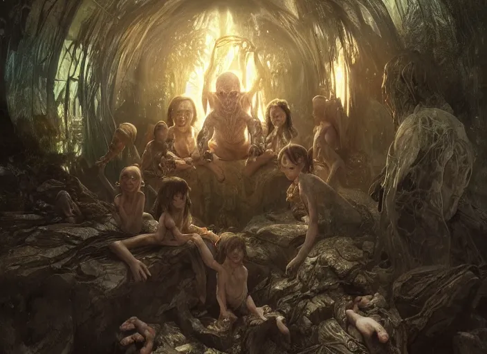 Image similar to a dramatic highly detailed render of Gollum family , Middle-earth , by WLOP and Artgerm and Greg Rutkowski and Alphonse Mucha, Beautiful dynamic dramatic dark moody lighting, shadows, cinematic atmosphere, Artstation, concept design art, Octane render, 8K, masterpiece, sharp focus, hyperrealistic