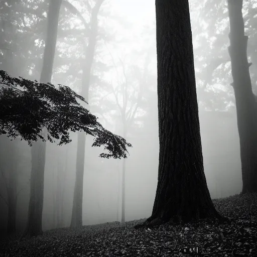 Image similar to deep misty forest with big black horned demon behind the tree, monochrome lomography