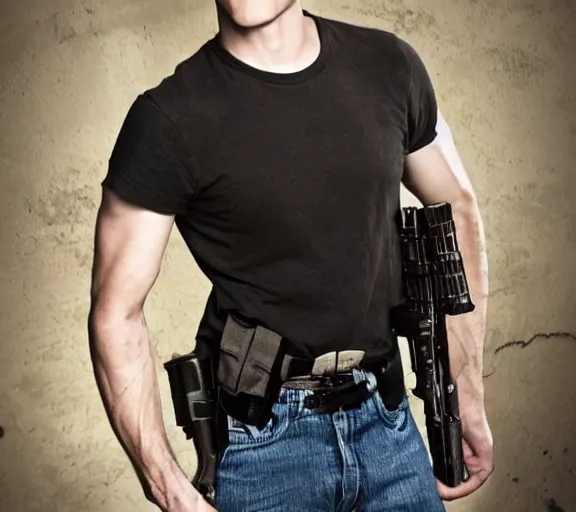 Image similar to rj mitte holding a granade, movie still, upper body shot, photorealistic, clean composition