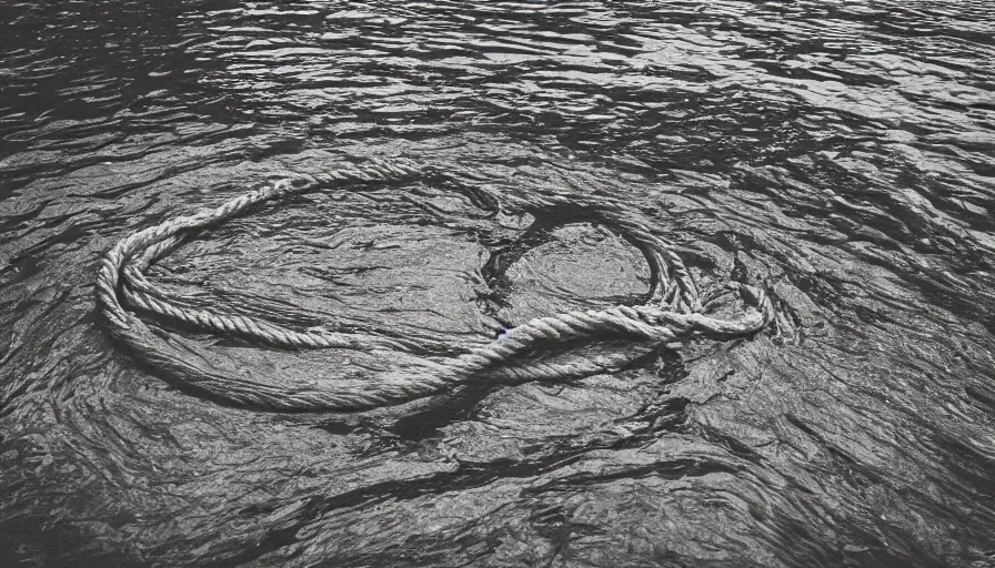 Image similar to photo of a rope on the surface of water, in the middle of a lake, overcast day, rocky foreground, 2 4 mm leica anamorphic lens, moody scene, stunning composition, hyper detailed, color kodak film stock