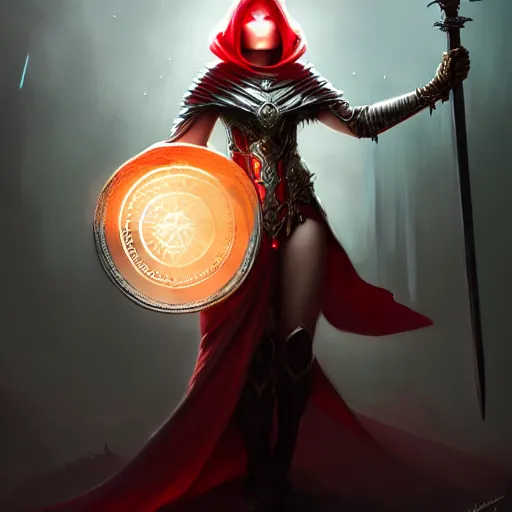 Image similar to a beautiful woman in a crimson cloak holding a glowing white spear and an obsidian shield, silver intricate armor, spotlight, ornate, realistic, cinematic lighting, sunbeams, volumetric lighting, epic pose, victorian, opulent, fantasy concept art, mohrbacher, beeple