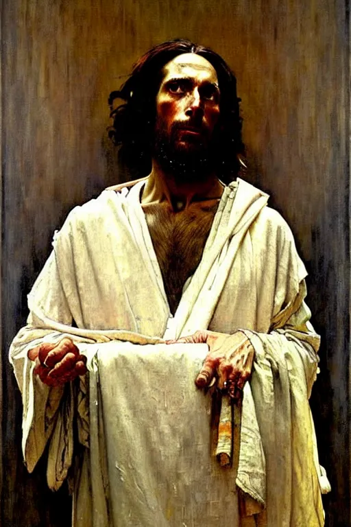 Prompt: norman rockwell and solomon joseph solomon and richard schmid and jeremy lipking victorian loose genre loose painting full length portrait painting of jesus
