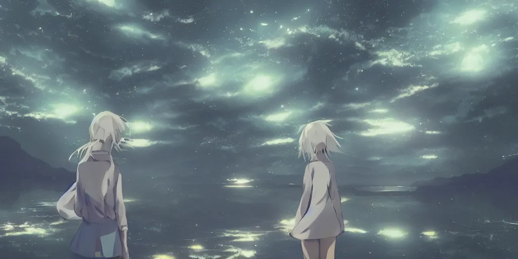 Prompt: white haired girl walking in cloud pond forest dusk, fractal dreamscape, shattered sky cinematic, shooting stars, mirror reflection, vibrant colors, digital anime illustration, award winning, by makoto shinkai