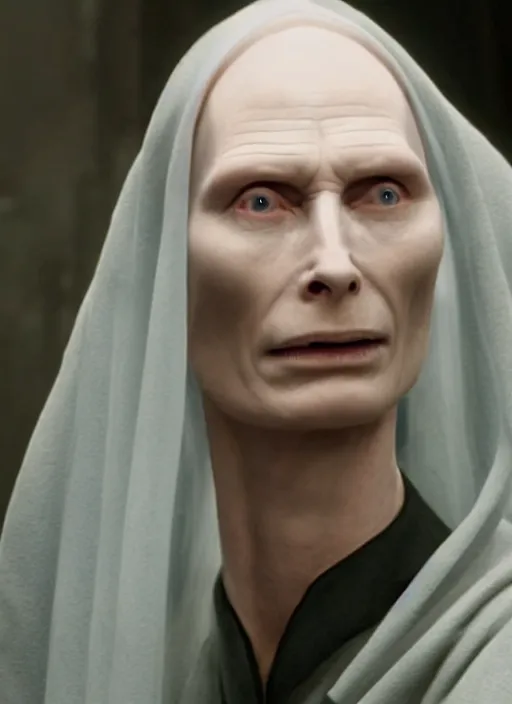 Image similar to film still of tilda swinton as voldemort in harry potter, 4 k, no nose