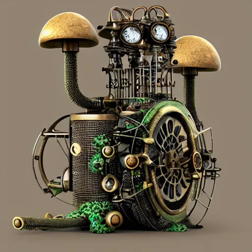 Image similar to steampunk device covered by ornamental green mold and mushrooms, fractal, manderblot, detailed, hyperrealistic, raytrace,