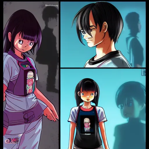 Prompt: shirt design, manga, realistic lighting, matte colors, made by toriyama akira, alpaca carlesi, front portrait of a girl, jpop clothing, sneaker shoes, arcade cabinet in background