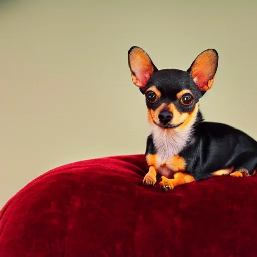 Image similar to a photograph of a small black and tan chihuahua, sat on a red velvet cushion, early morning light, fuji velvia, 50mm focal length