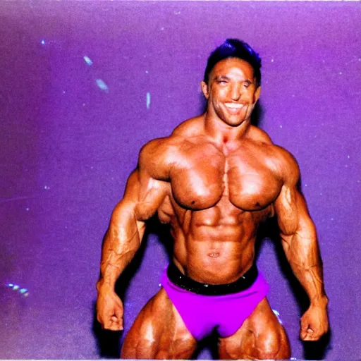 Image similar to realistic photo 35mm of a bodybuilder wearing a loincloth in a disco club next to a large purple rectangle made of lightning