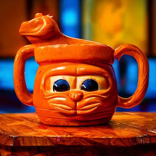 Prompt: a closeup photorealistic photograph of an orange cat garfield style tiki mug sitting on a trader vic's bar featuring garfield's face. tiki party. bright scene. fine detail. this 4 k hd image is trending on artstation, featured on behance, well - rendered, extra crisp, features intricate detail, epic composition and the style of unreal engine.