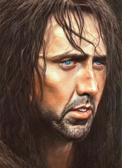 Image similar to portrait of nicolas cage as aragorn, by alan lee, lord of the rings, smooth, detailed terrain, oil painting, matte painting, concept art, trending on artstation, promotional artwork, film still, elegant, photorealistic facial features, intricate, detailed face, cinematic lighting