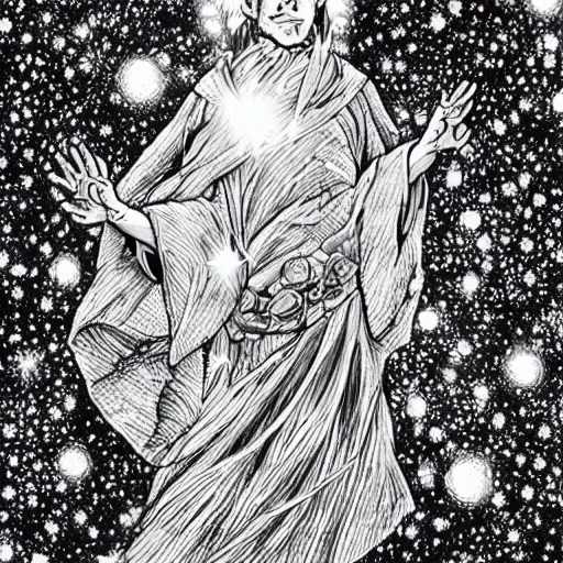 Prompt: black and white pen and ink!!!!!!! tired Mac Miller wearing High Royal cosmic space robes made of stars final form flowing royal!!! mage hair golden!!!! Vagabond!!!!!!!! floating magic swordsman!!!! glides through a beautiful!!!!!!! Camellia!!!! Tsubaki!!! death-flower!!!! battlefield behind!!!! dramatic esoteric!!!!!! Long hair flowing dancing illustrated in high detail!!!!!!!! by Moebius and Hiroya Oku!!!!!!!!! 80mm photography graphic novel published on 2049 award winning!!!! full body portrait!!!!! action exposition manga panel black and white Shonen Jump issue by David Lynch eraserhead and beautiful line art Hirohiko Araki!! Tite Kubo!!!!!, Kentaro Miura!, Jojo's Bizzare Adventure!!!!