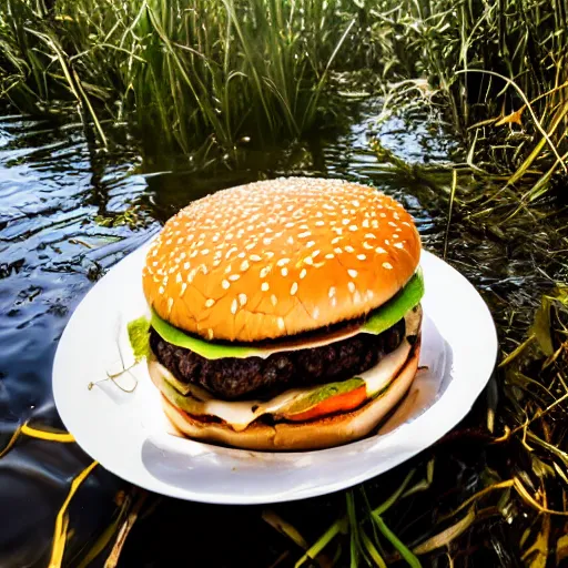 Image similar to a photo of a cheeseburger in a swamp