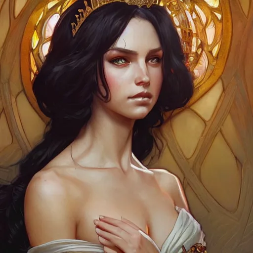 Image similar to portrait of a very hot queen, D&D, fantasy, highly detailed, digital painting, artstation, smooth, sharp focus, illustration, art by artgerm and greg rutkowski and alphonse mucha