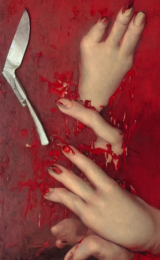 Image similar to by 1 9 th century famous painter, hands, nail polish, blood smear, blood dripping, knife, realism, realistic, oil painting, red wallpaper background