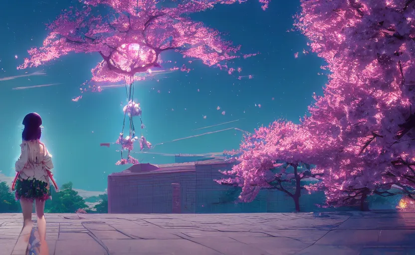 Prompt: goddess of cherry blossoms, Low level, rendered by Beeple, Makoto Shinkai, syd meade, simon stålenhag,, synthwave style, digital art, unreal engine, WLOP, trending on artstation, 4K UHD image, octane render,