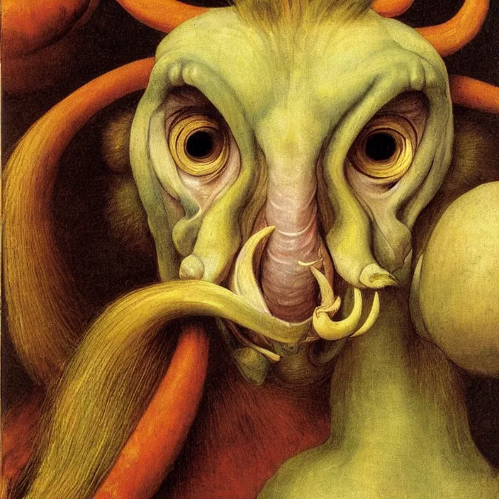 Prompt: close up portrait of a mutant monster creature with giant protruding eyes bulging out of their eye sockets, exotic orchid - like mouth, long colorful hair growing out of the nostrils, antelope horns. by jan van eyck, audubon