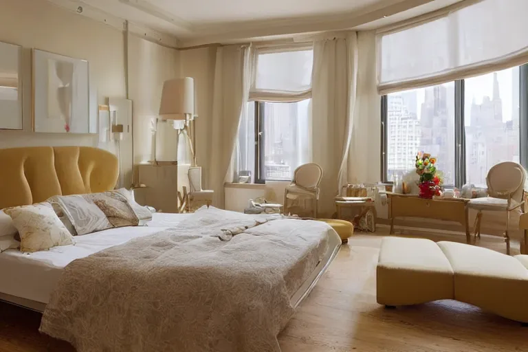 Prompt: A sunny bedroom, exquisite decoration, all New York Apartments style furniture, high tech