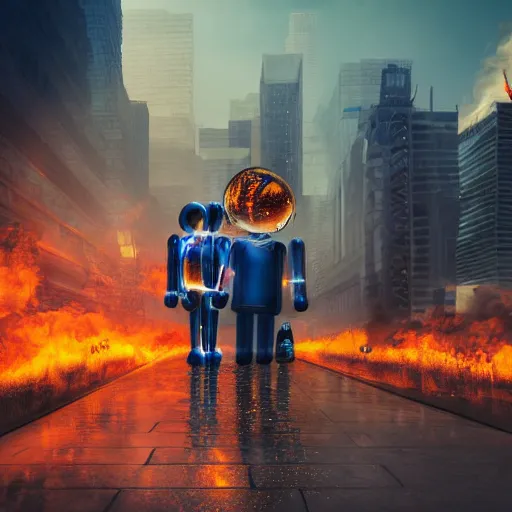 Image similar to metallic android carrying a sleeping child, emerging from fire and smoke, background of futuristic cityscape, buildings on fire, no blur, very detailed, realistic photo, nighttime