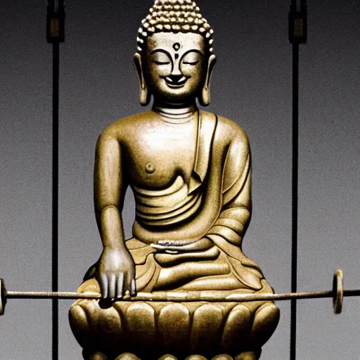 Prompt: the buddha lifting weights in the gym
