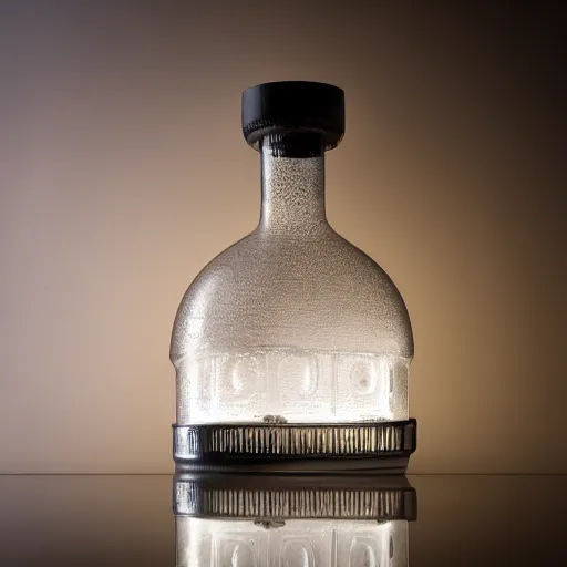 Prompt: an award - winning photo of a translucent glass vodka bottle in the shape and style of a propane cylinder designed by hassan fathy, dramatic studio lighting, 2 4 mm, wide angle lens, ƒ / 8, behance, intricate details, 8 k